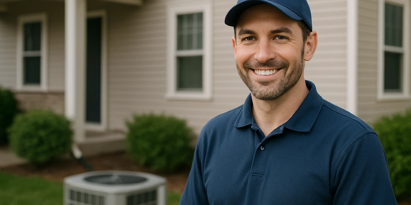 an hvac technician on the front porch smiling at the camera and an AC unit next to him from Leander Air Conditioning Repair in Leander, TX - Mini Split Installation Near Me an hvac technician on the front porch smiling at the camera and an AC unit next to him from Leander Air Conditioning Repair in Leander, TX - Mini Split Installation Near Me