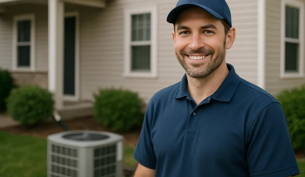an hvac technician on the front porch smiling at the camera and an AC unit next to him from Leander Air Conditioning Repair in Leander, TX - Mini Split Installation Near Me an hvac technician on the front porch smiling at the camera and an AC unit next to him from Leander Air Conditioning Repair in Leander, TX - Mini Split Installation Near Me