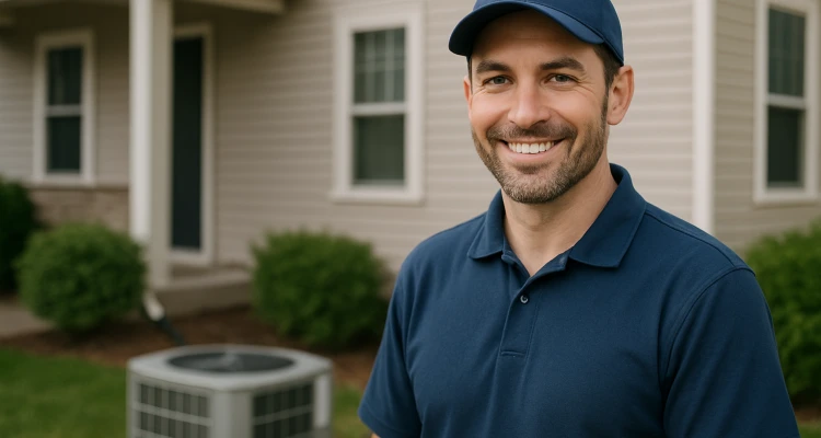 an hvac technician on the front porch smiling at the camera and an AC unit next to him from Leander Air Conditioning Repair in Leander, TX - Mini Split Installation Near Me an hvac technician on the front porch smiling at the camera and an AC unit next to him from Leander Air Conditioning Repair in Leander, TX - Mini Split Installation Near Me