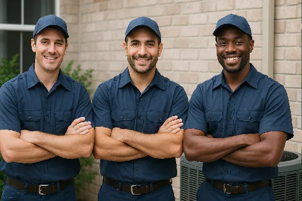 3 hvac technician ouside a house smiling at the camera from Leander Air Conditioning Repair in Leander, TX - Mini Split Installation Near Me 3 hvac technician ouside a house smiling at the camera from Leander Air Conditioning Repair in Leander, TX - Mini Split Installation Near Me